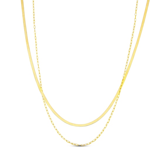 Herringbone & Paperclip Chain Double-Strand Necklace Hollow 10K Yellow Gold 18"