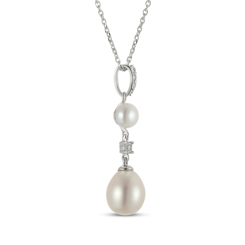 Main Image 2 of Cultured Pearl & White Lab-Created Sapphire Drop Necklace Sterling Silver 18"