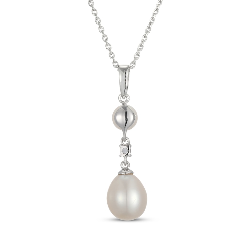 Main Image 3 of Cultured Pearl & White Lab-Created Sapphire Drop Necklace Sterling Silver 18"