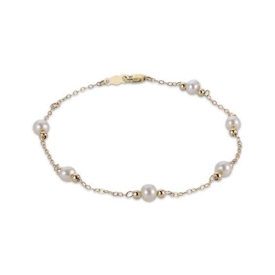 Cultured Pearl & Bead Station Bracelet 10K Yellow Gold 7.5"