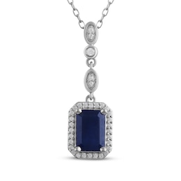 Octagon-Cut Natural Blue Sapphire & Diamond Drop Necklace 1/10 ct tw 14K White Gold 18"