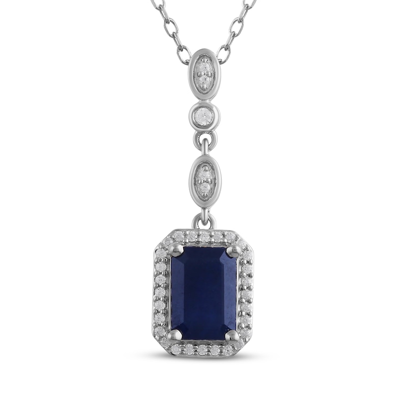 Main Image 1 of Octagon-Cut Natural Blue Sapphire & Diamond Drop Necklace 1/10 ct tw 14K White Gold 18"
