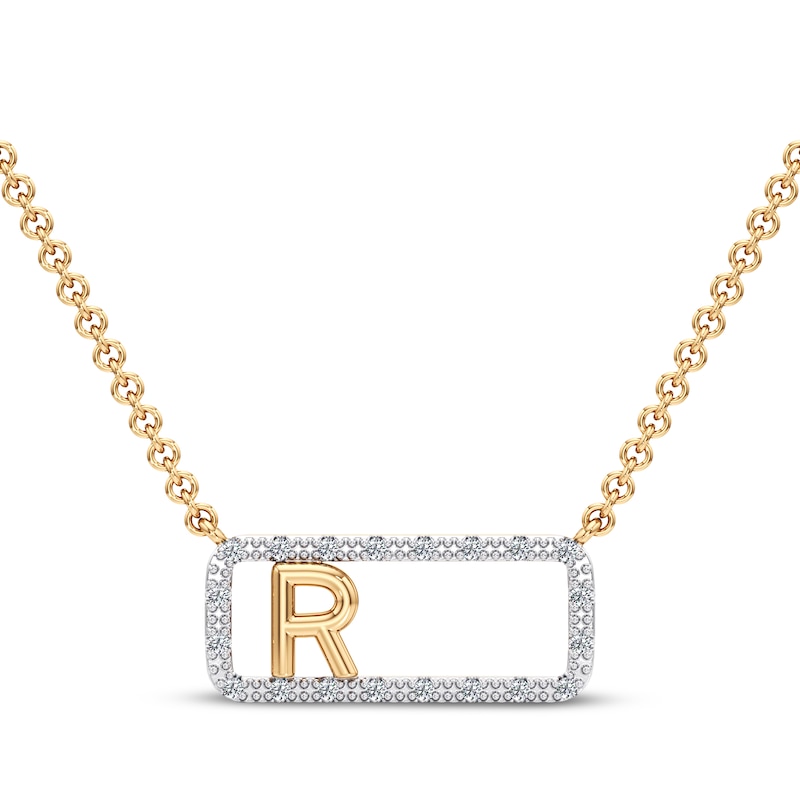 Main Image 1 of Diamond R Initial Rectangle Necklace 1/10 ct tw 10K Yellow Gold 18"