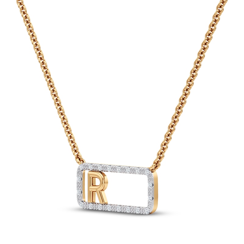 Main Image 2 of Diamond R Initial Rectangle Necklace 1/10 ct tw 10K Yellow Gold 18"