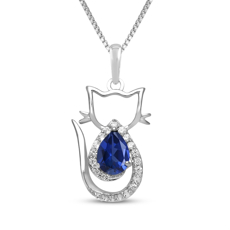 Main Image 1 of Pear-Shaped Blue Lab-Created Sapphire & White Lab-Created Sapphire Cat Necklace Sterling Silver 18"