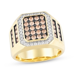Men's Brown & White Diamond Octagon Center Ring 1-1/2 ct tw 10K Yellow Gold