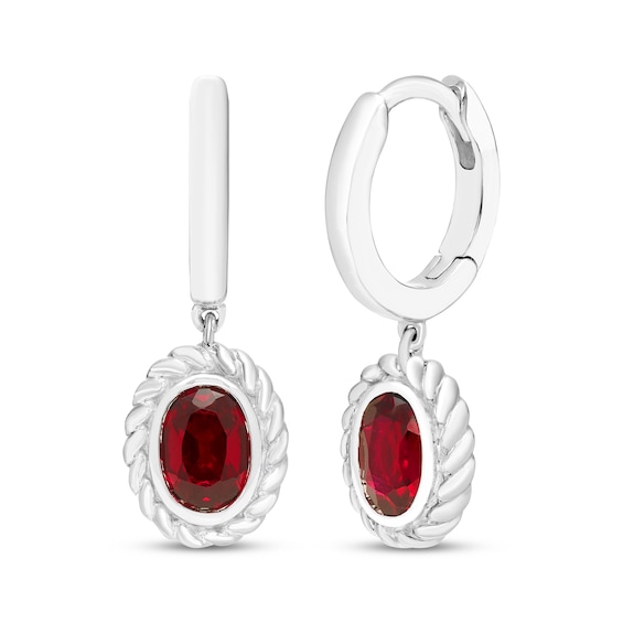 Oval-Cut Lab-Created Ruby Solitaire Twist Frame Dangle Hoop Earrings Sterling Silver
