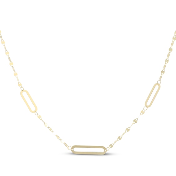 4mm Paperclip Station Mirror Chain Necklace Hollow 10K Yellow Gold 18"