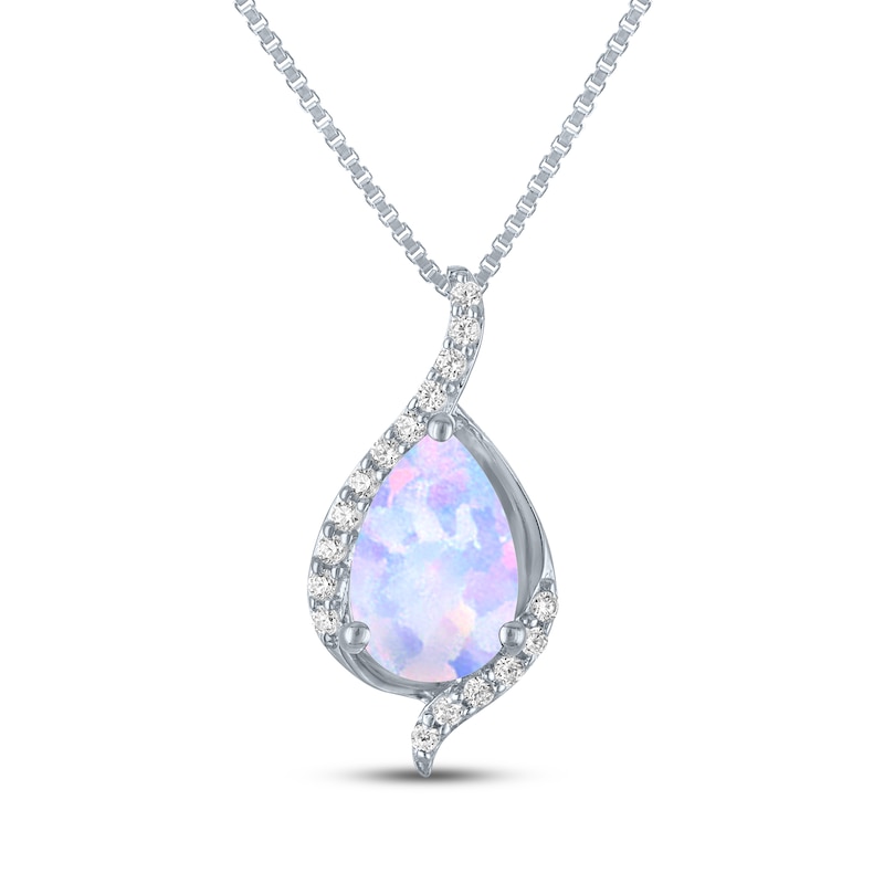 Main Image 1 of Pear-Shaped Lab-Created Opal & White Lab-Created Sapphire Drop Necklace Sterling Silver 18"