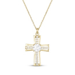 White Lab-Created Sapphire Cross Necklace 24K Yellow Gold Vermeil Sterling Silver 18"