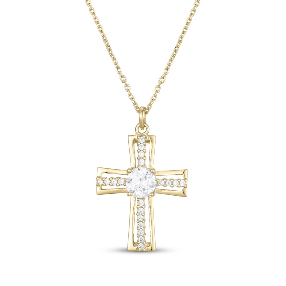 White Lab-Created Sapphire Cross Necklace 24K Yellow Gold Vermeil Sterling Silver 18"
