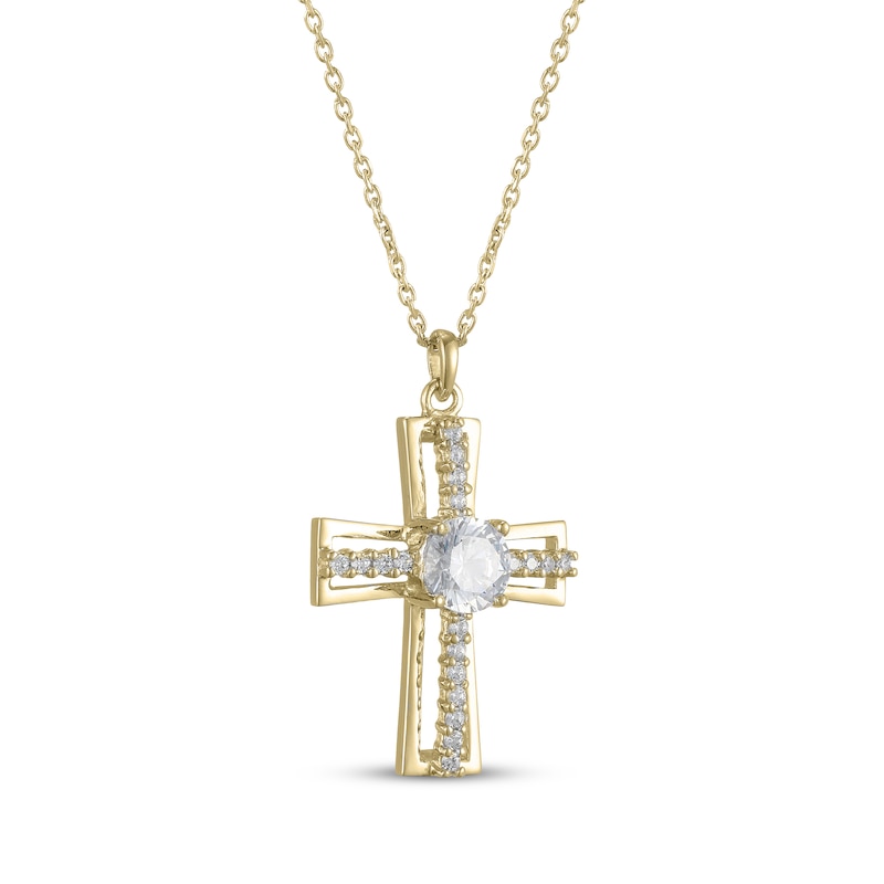 Main Image 2 of White Lab-Created Sapphire Cross Necklace 24K Yellow Gold Vermeil Sterling Silver 18"