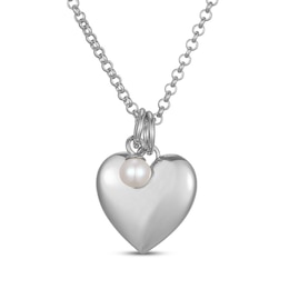 Cultured Pearl & Puff Heart Charm Toggle Necklace Sterling Silver 18"