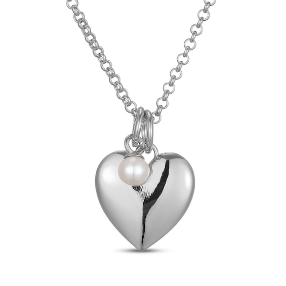 Cultured Pearl & Puff Heart Charm Toggle Necklace Sterling Silver 18"