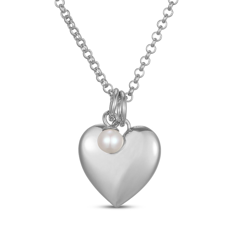 Main Image 1 of Cultured Pearl & Puff Heart Charm Toggle Necklace Sterling Silver 18"