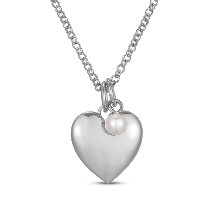 Main Image 3 of Cultured Pearl & Puff Heart Charm Toggle Necklace Sterling Silver 18"