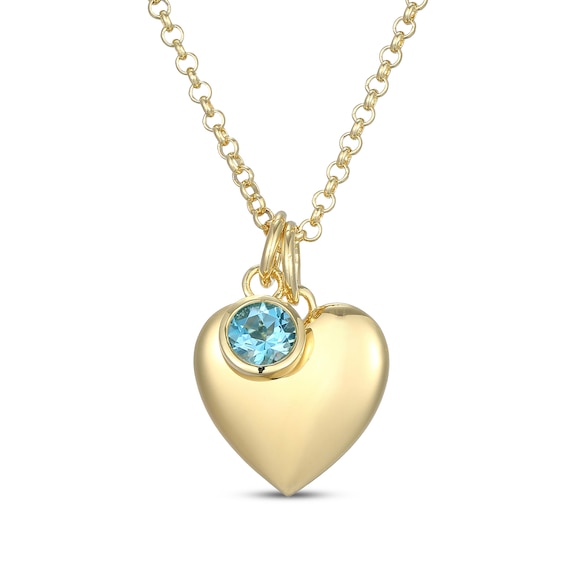 Swiss Blue Topaz & Puff Heart Charm Toggle Necklace 24K Yellow Gold Vermeil Sterling Silver 18"