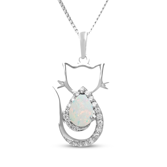 Pear-Shaped Lab-Created Opal & White Lab-Created Sapphire Cat Necklace Sterling Silver 18"