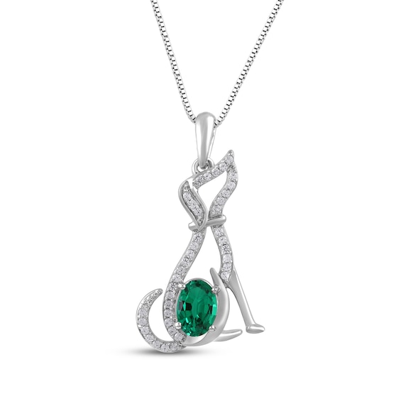 Oval-Cut Lab-Created Emerald & White Lab-Created Sapphire Dog Necklace Sterling Silver 18"