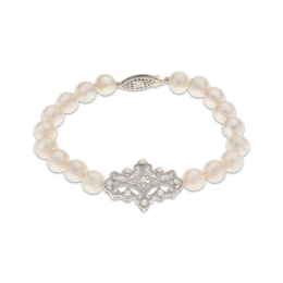 Cultured Pearl & White Topaz Fashion Bracelet Sterling Silver 7.5"