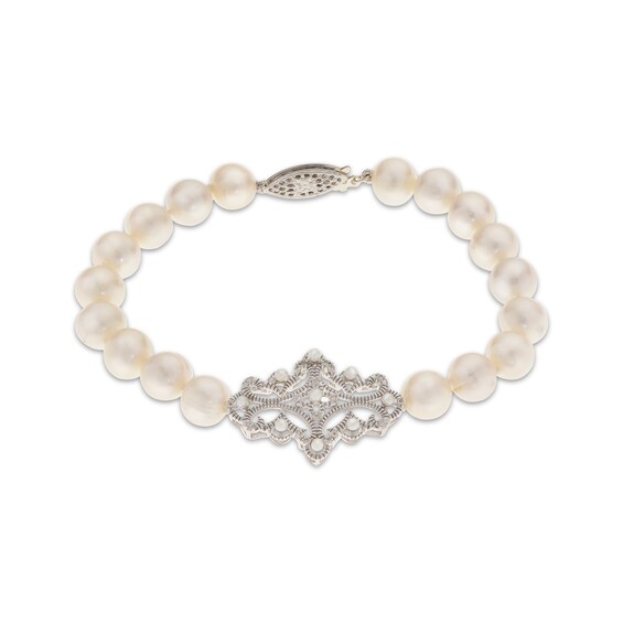 Cultured Pearl & White Topaz Fashion Bracelet Sterling Silver 7.5"