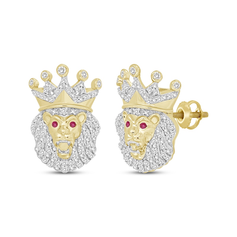 Main Image 1 of Men’s Round-Cut Diamond & Round-Cut Lab-Created Ruby Lion with Crown Stud Earrings 1/4 ct tw 10K Yellow Gold