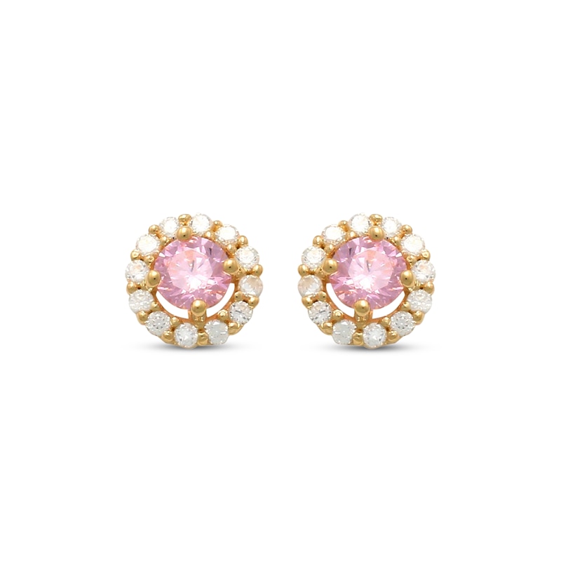 Main Image 2 of Round-Cut Pink & White Cubic Zirconia Halo Stud Earrings 14K Yellow Gold