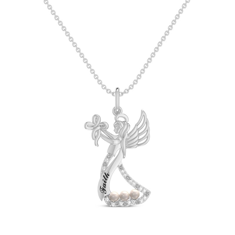 Main Image 1 of Cultured Pearl & Diamond "Faith" Angel Necklace 1/20 ct tw Sterling Silver 18"