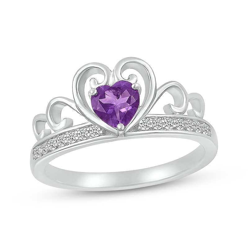 Sterling Silver Diamond And Heart Shaped Amethyst Crown Ring Sterling Silver Diamond And Heart Shaped Amethyst Crown Ring