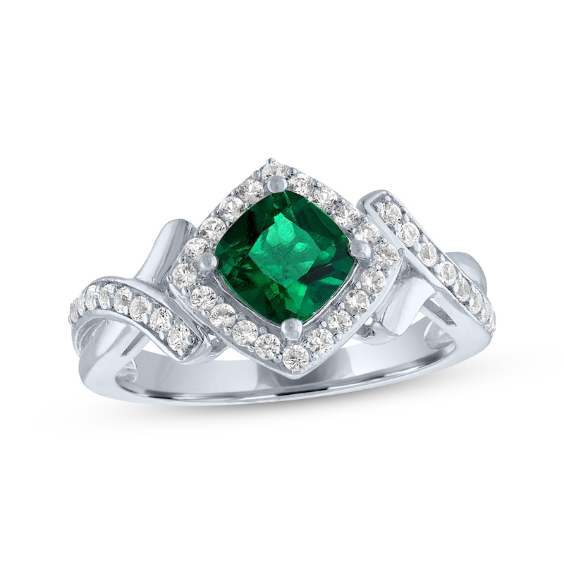 Main Image 1 of Cushion-Cut Lab-Created Emerald & White Lab-Created Sapphire Ring Sterling Silver