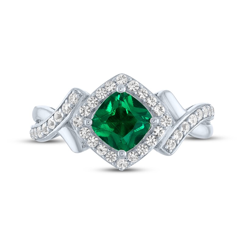Main Image 3 of Cushion-Cut Lab-Created Emerald & White Lab-Created Sapphire Ring Sterling Silver
