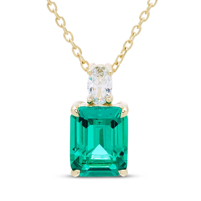 Main Image 1 of Emerald-Cut Lab-Created Emerald & Oval-Cut Lab-Grown Diamond Necklace 1/4 ct tw 14K Yellow Gold 18"