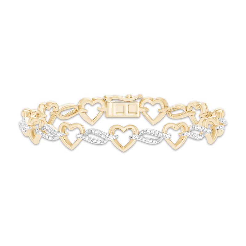 Main Image 1 of Diamond Heart & Wavy Link Bracelet 1/4 ct tw 10K Yellow Gold 7.25"