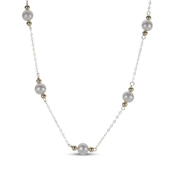 Cultured Pearl & Bead Station Necklace 10K Yellow Gold 18"