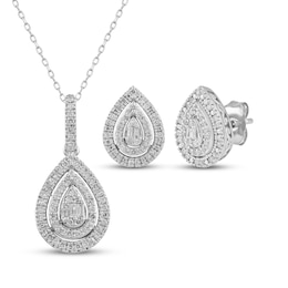 Baguette & Round-Cut Multi-Diamond Teardrop Necklace & Earrings Set 1/2 ct tw Sterling Silver
