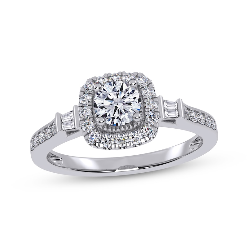 Main Image 1 of Adore Round-Cut Diamond Cushion Halo Engagement Ring 1/2 ct tw 14K White Gold