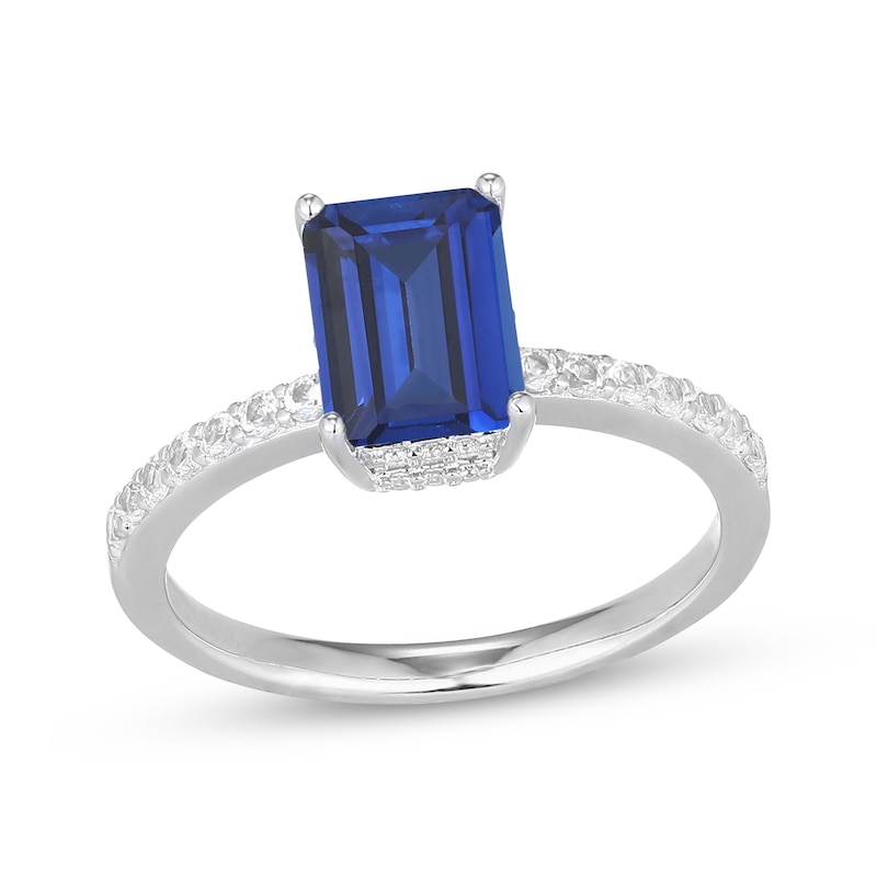 Main Image 1 of Emerald-Cut Blue Lab-Created Sapphire & White Lab-Created Sapphire Hidden Halo Ring Sterling Silver