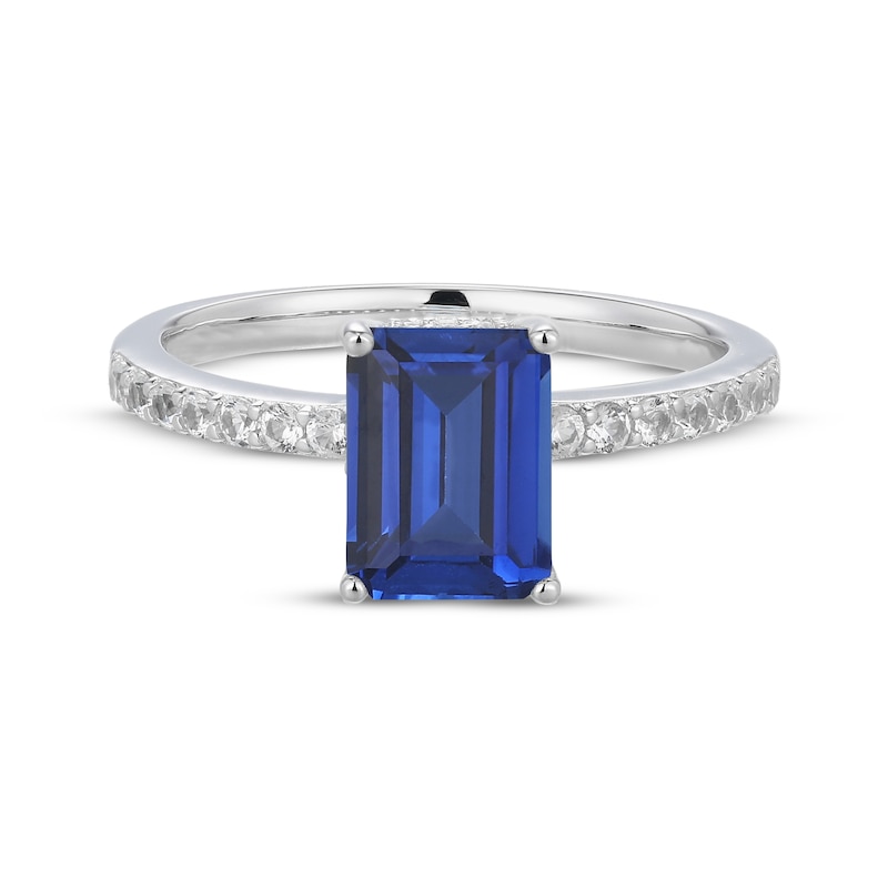 Main Image 3 of Emerald-Cut Blue Lab-Created Sapphire & White Lab-Created Sapphire Hidden Halo Ring Sterling Silver
