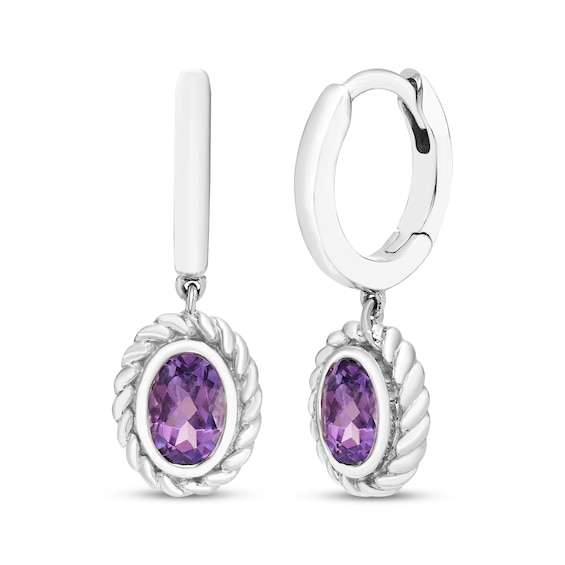 Oval-Cut Amethyst Solitaire Twist Frame Dangle Hoop Earrings Sterling Silver