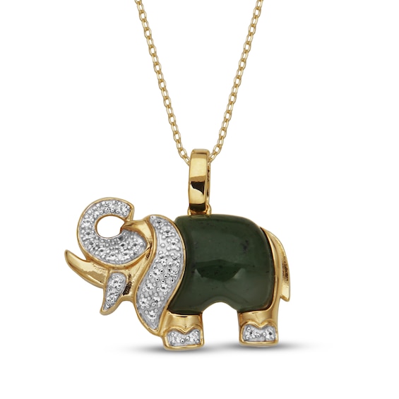Nephrite Jade & White Lab-Created Sapphire Elephant Necklace 18K Yellow Gold-Plated Sterling Silver 18"