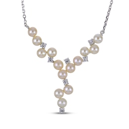 Cultured Pearl & White Lab-Created Sapphire Y-Drop Necklace Sterling Silver 18"