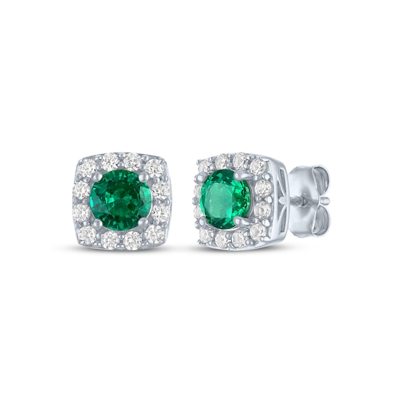 Lab-Created Emerald & White Lab-Created Sapphire Stud Earrings Sterling Silver