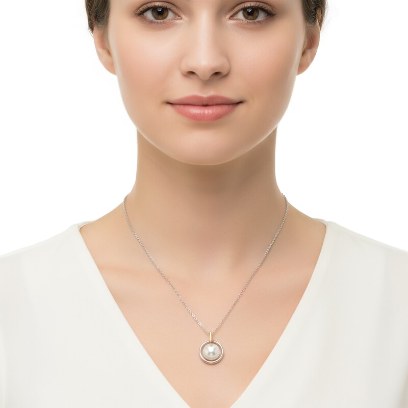 Main Image 4 of Button Cultured Pearl Necklace Sterling Silver & 14K Yellow Gold 18"