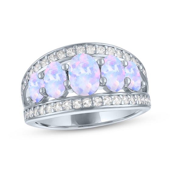 Oval-Cut Lab-Created Opal & White Lab-Created Sapphire Five-Stone Ring Sterling Silver