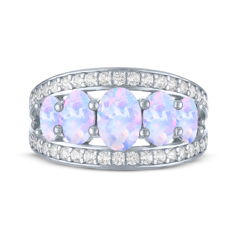 Main Image 3 of Oval-Cut Lab-Created Opal & White Lab-Created Sapphire Five-Stone Ring Sterling Silver