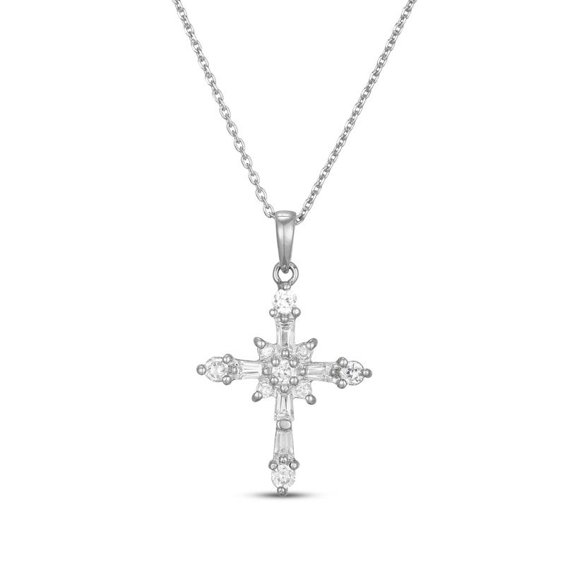 Main Image 1 of Baguette & Round-Cut White Lab-Created Sapphire Cross Necklace Sterling Silver 18"