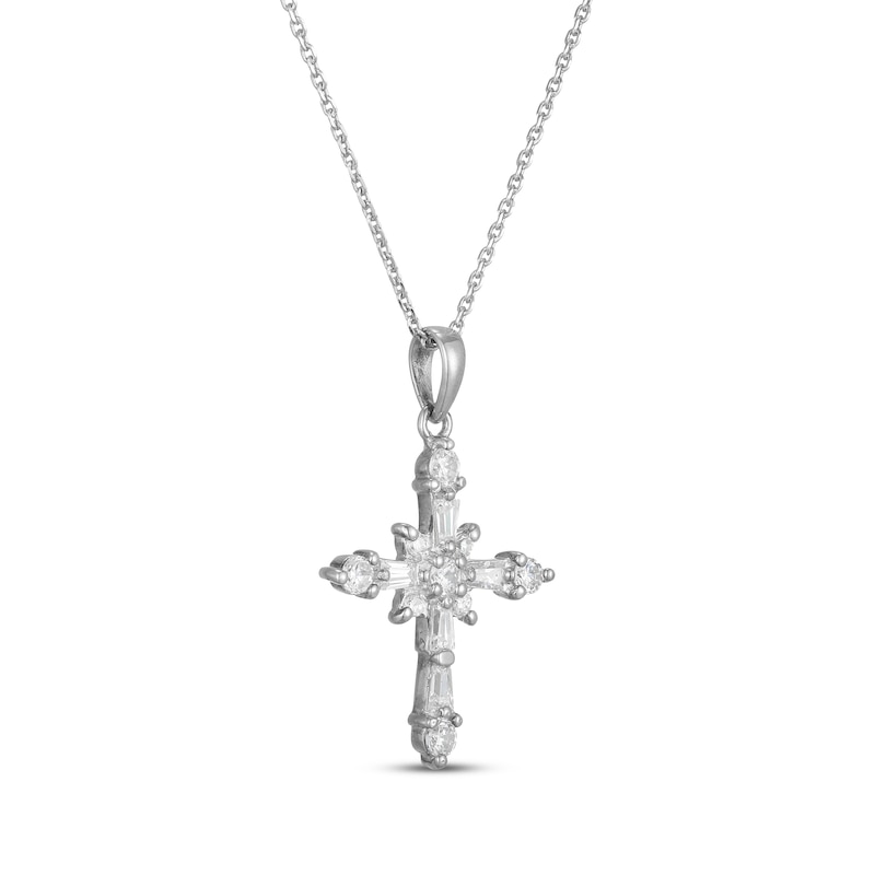Main Image 2 of Baguette & Round-Cut White Lab-Created Sapphire Cross Necklace Sterling Silver 18"