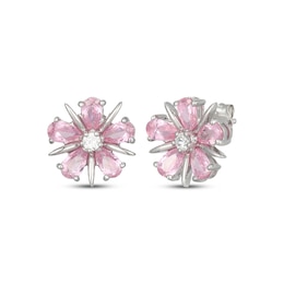 Pear-Shaped Pink Lab-Created Sapphire & White Lab-Created Sapphire Flower Stud Earrings Sterling Silver