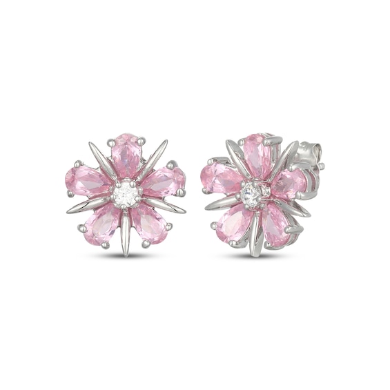 Pear-Shaped Pink Lab-Created Sapphire & White Lab-Created Sapphire Flower Stud Earrings Sterling Silver