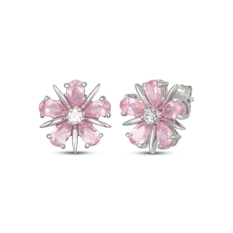 Main Image 1 of Pear-Shaped Pink Lab-Created Sapphire & White Lab-Created Sapphire Flower Stud Earrings Sterling Silver